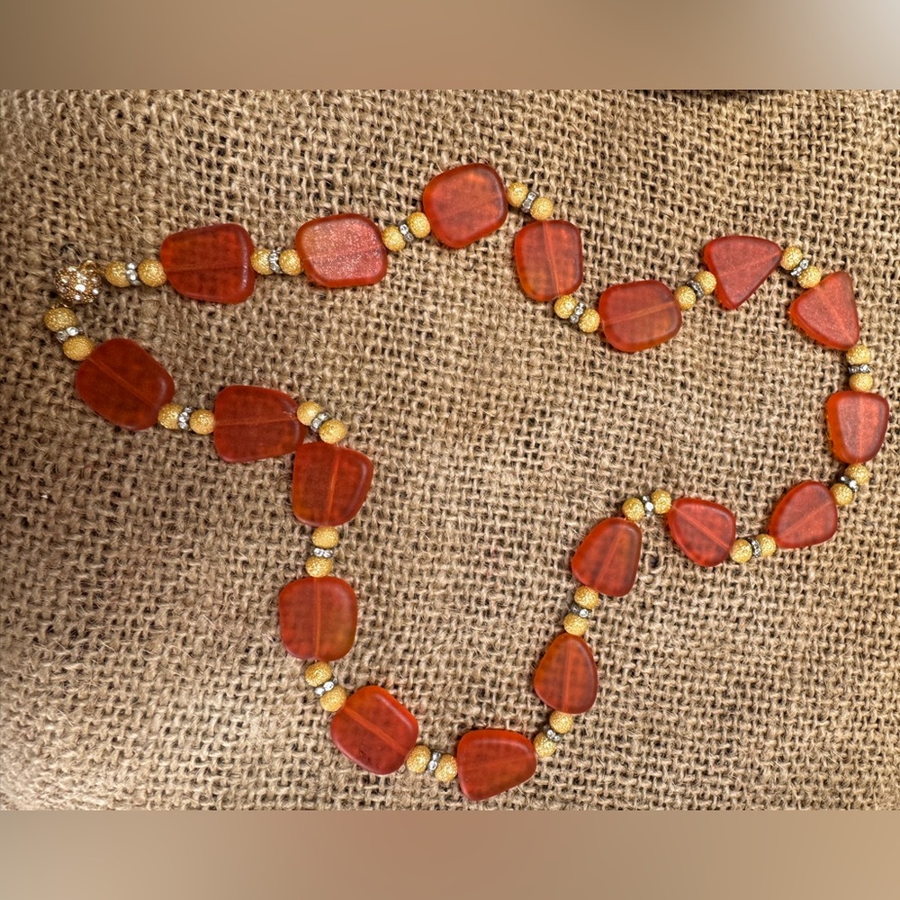 Tumbled Natural Orange Glass Beaded Necklance Graduated Silver & Gold Accents